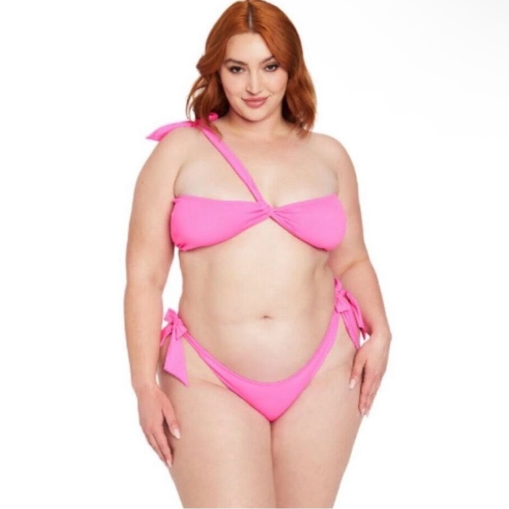 Frederick’s of Hollywood Laguna Bikini Set Sz L Hot Pink One Shoulder Cheeky